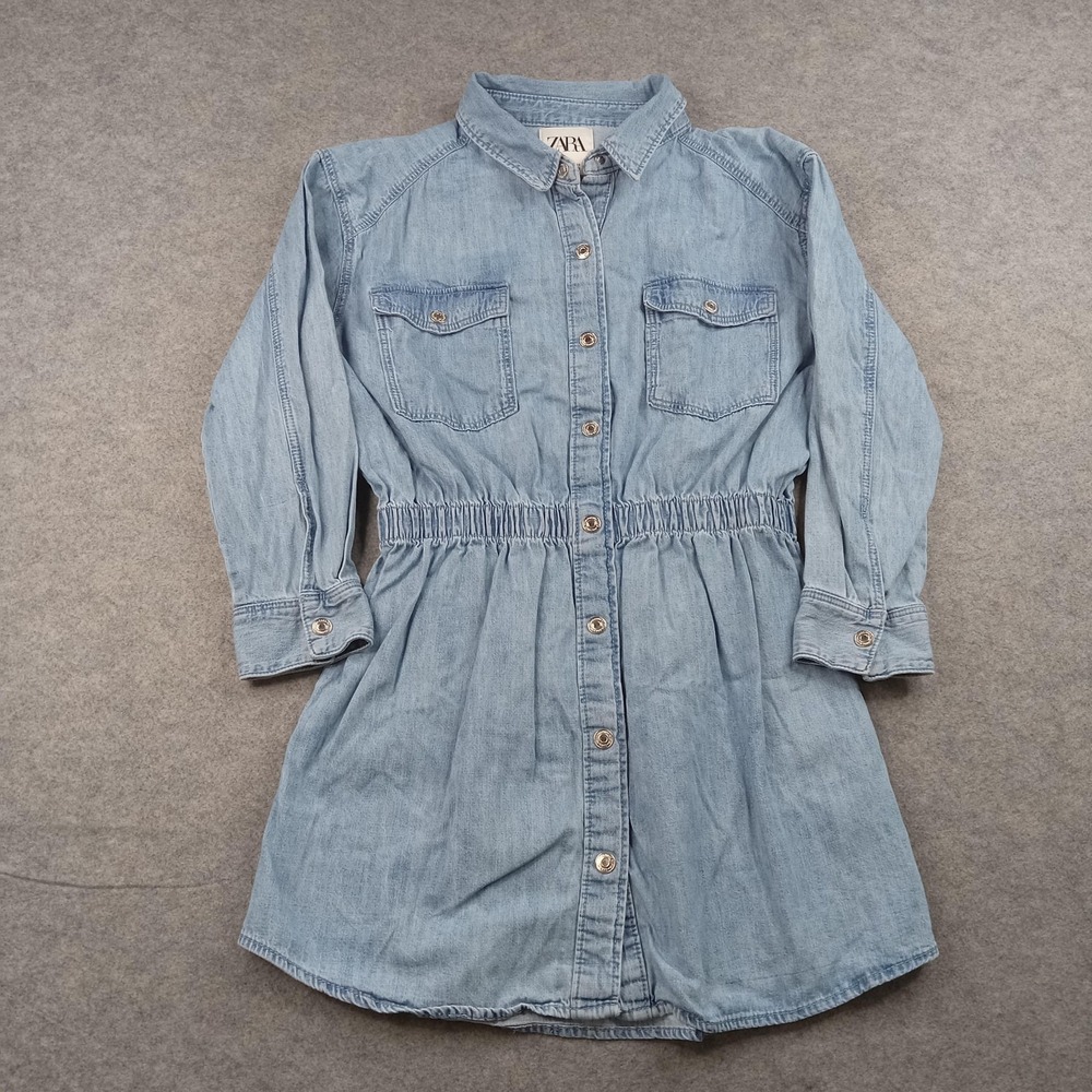 Zara Dress Womens Small Blue Denim Shirt Dress Elastic Waist Long Sleeve Casual